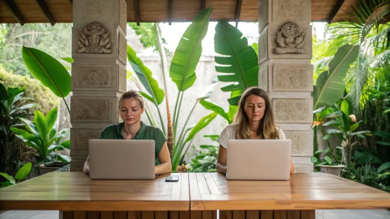 Two remote workers on laptops in a Balinese-style co-working space