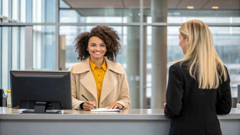 Applicant speaking with an officer at an immigration service counter