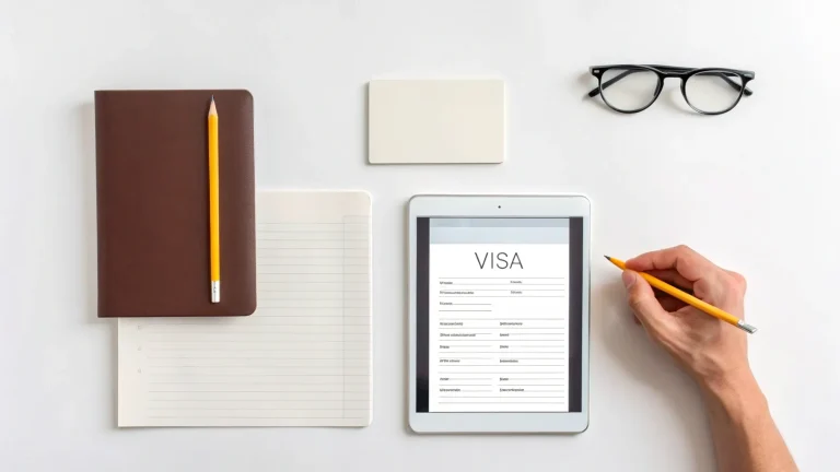 Passport, notebook and a tablet showing a visa application form