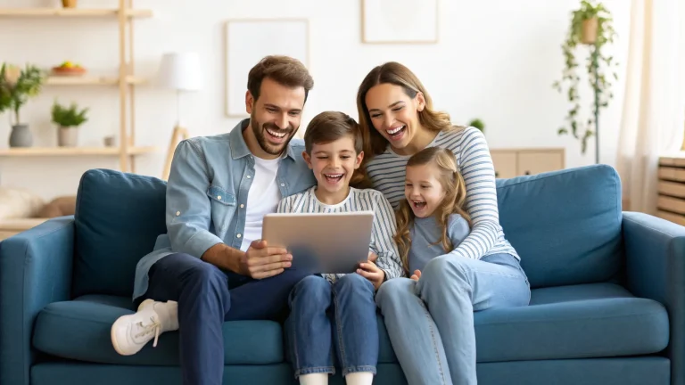 Family planning their move together on a tablet at home