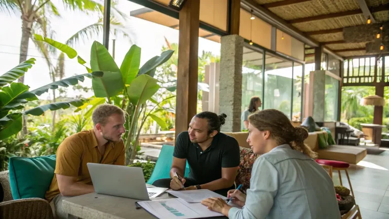 Entrepreneurs discussing business plans in a tropical Bali co-working space