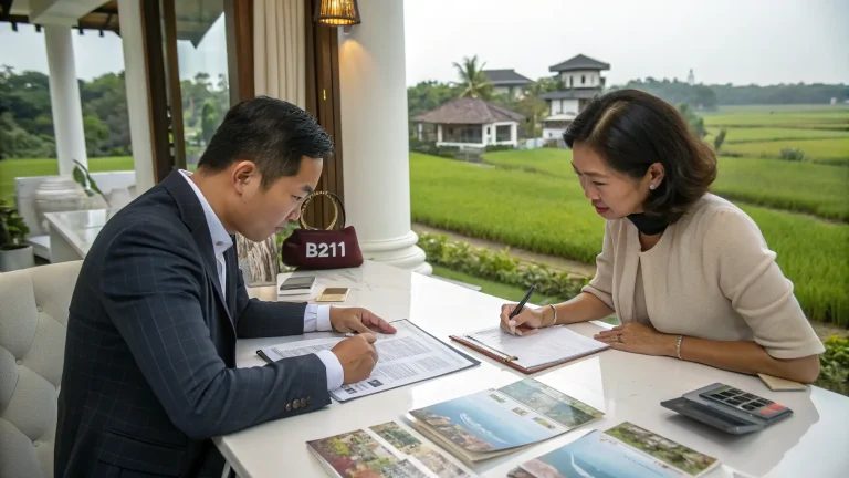 Consultant and client signing documents in an office overlooking rice fields